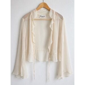 Sheer Ivory Ruffle Blouse Boho Cottagecore Flowy Festival Tie Front XL 16/18